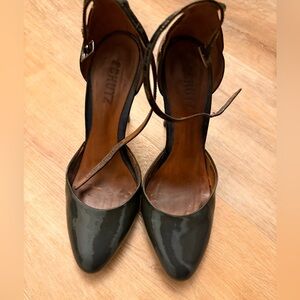 SCHUTZ Black Patent Pointed-Toe Ankle-Strap Heels